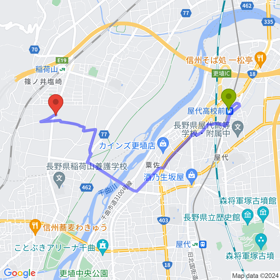 屋代高校前駅からBLUE JOKERへのルートマップ地図