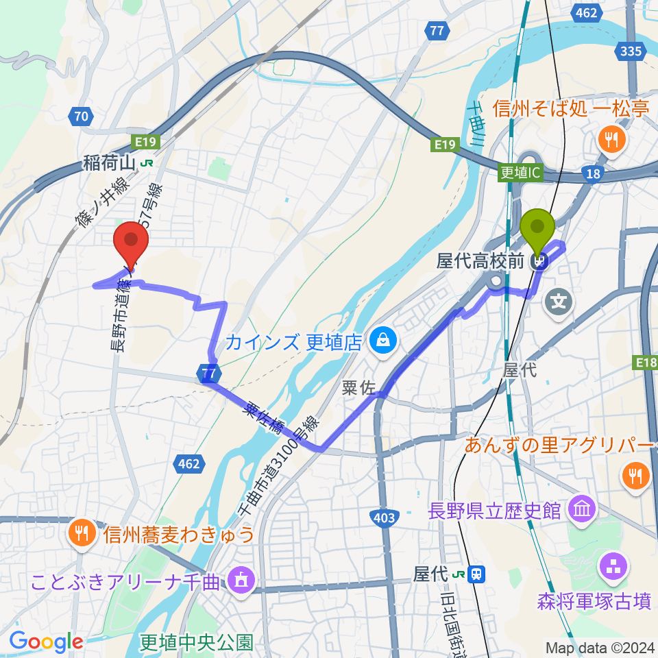 屋代高校前駅からBLUE JOKERへのルートマップ地図