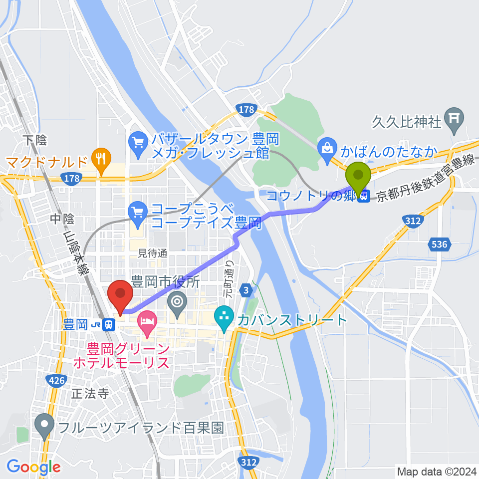 コウノトリの郷駅からFM JUNGLEへのルートマップ地図