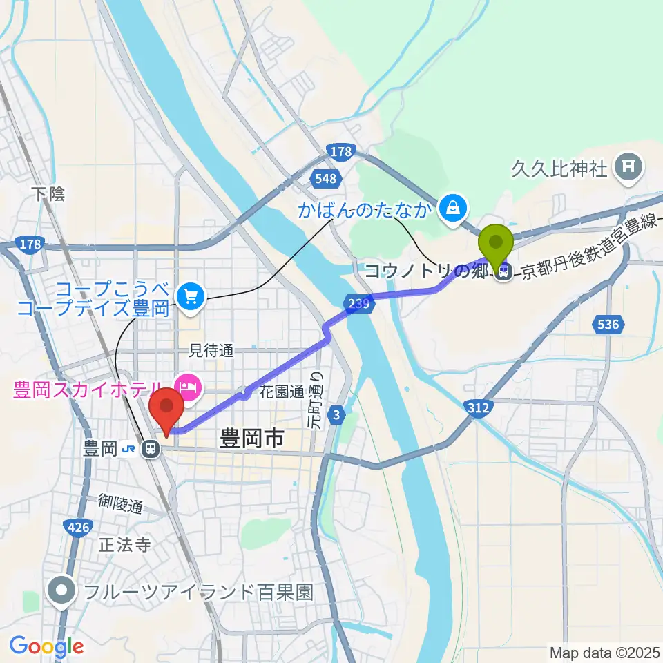 コウノトリの郷駅からFM JUNGLEへのルートマップ地図