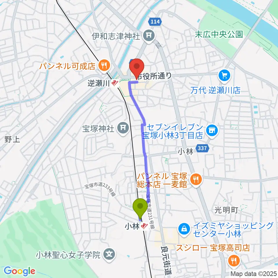小林駅からハミングFM宝塚へのルートマップ地図
