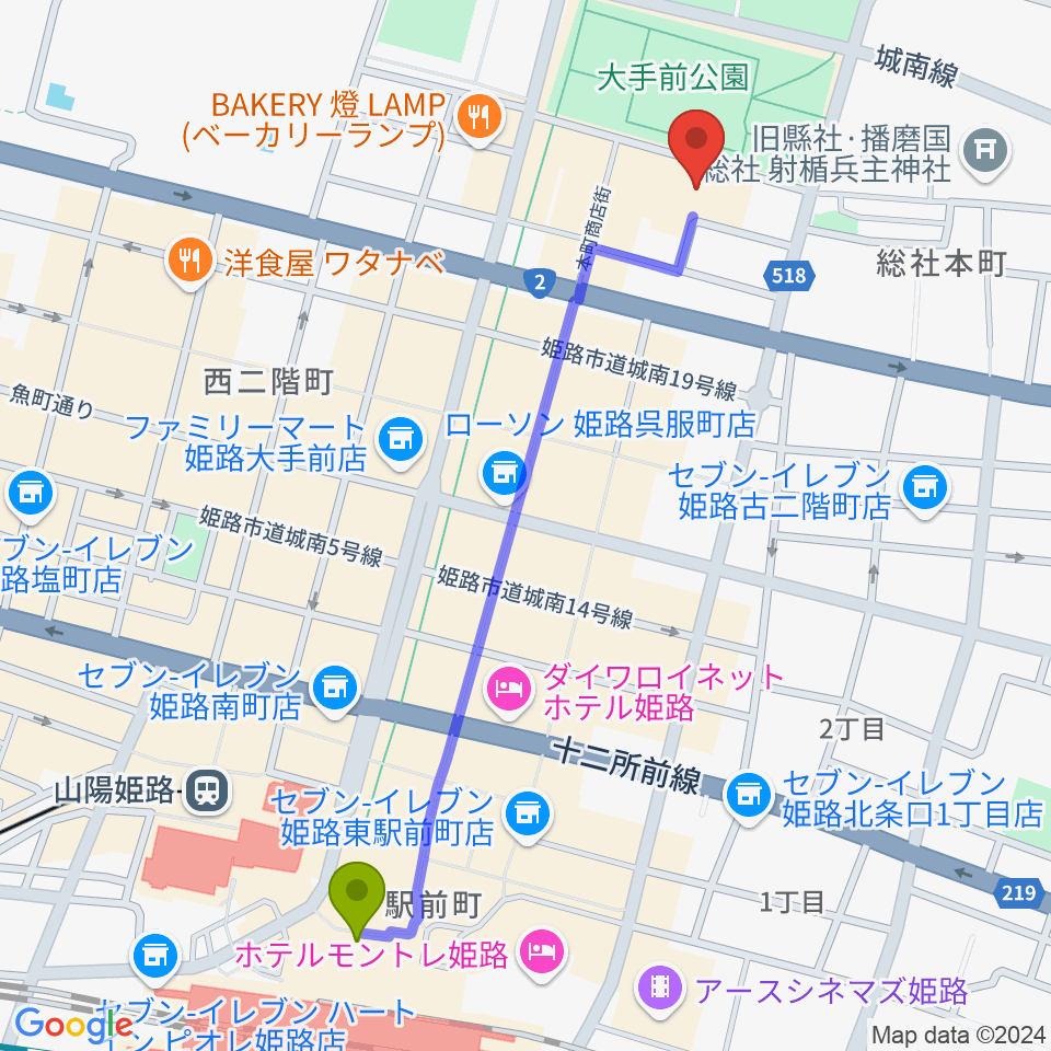 FMゲンキの最寄駅姫路駅からの徒歩ルート（約12分）地図