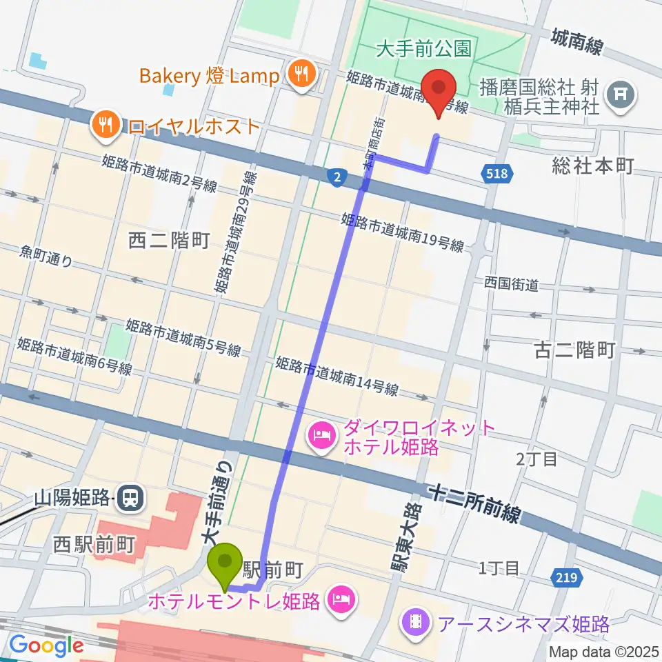 FMゲンキの最寄駅姫路駅からの徒歩ルート（約12分）地図