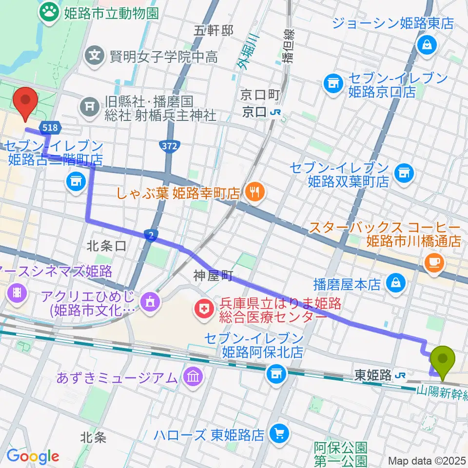 東姫路駅からFMゲンキへのルートマップ地図