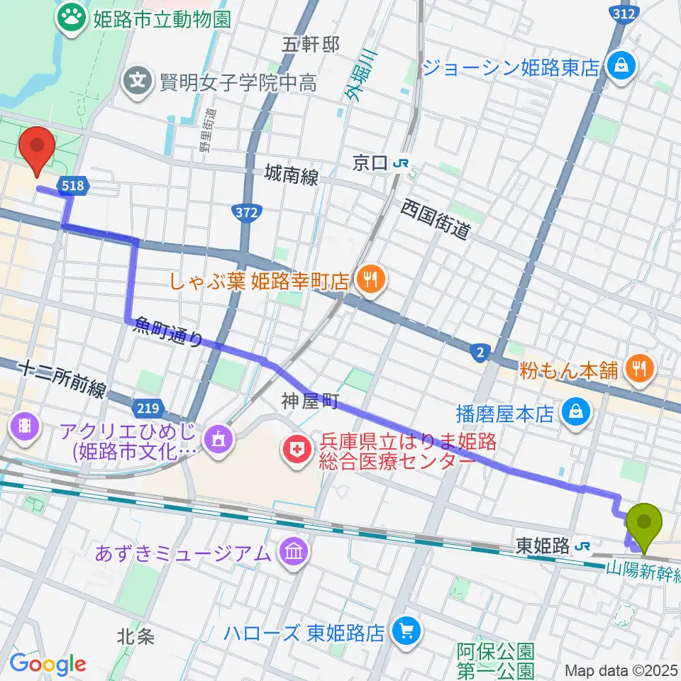 東姫路駅からFMゲンキへのルートマップ地図