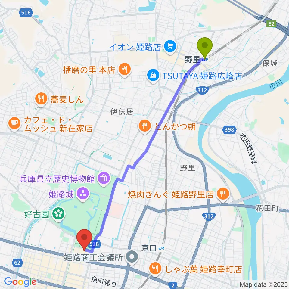野里駅からFMゲンキへのルートマップ地図
