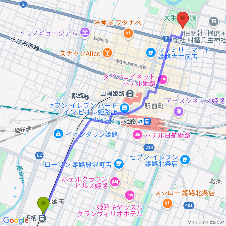 手柄駅からFMゲンキへのルートマップ地図