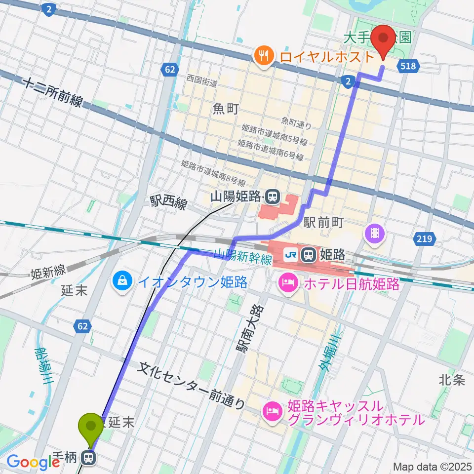手柄駅からFMゲンキへのルートマップ地図