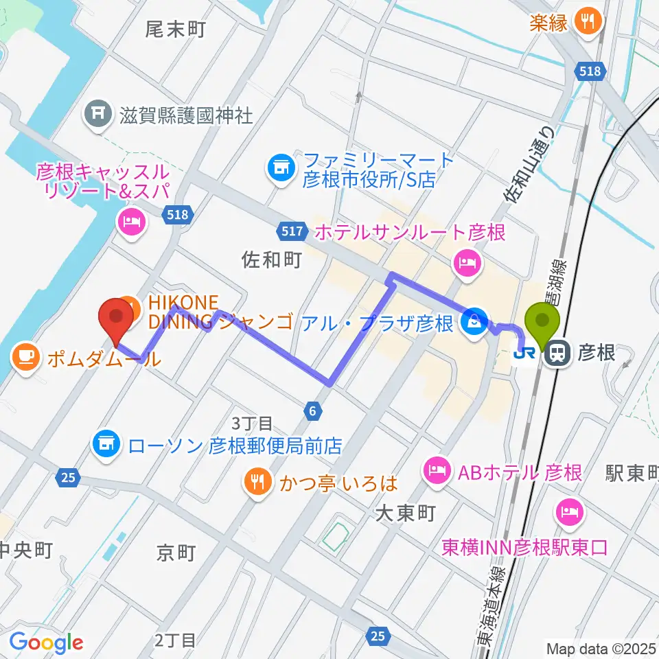 エフエムひこねの最寄駅彦根駅からの徒歩ルート（約10分）地図