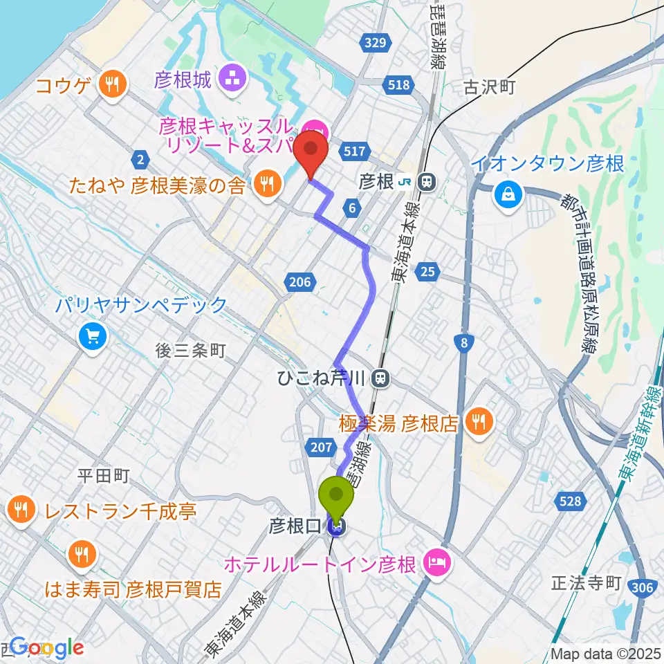 彦根口駅からエフエムひこねへのルートマップ地図