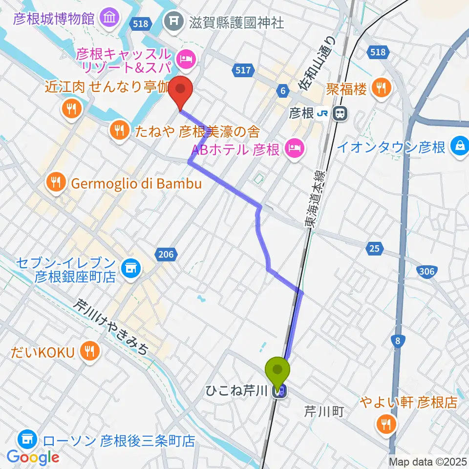 ひこね芹川駅からエフエムひこねへのルートマップ地図