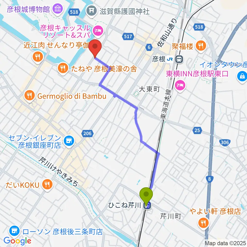ひこね芹川駅からエフエムひこねへのルートマップ地図