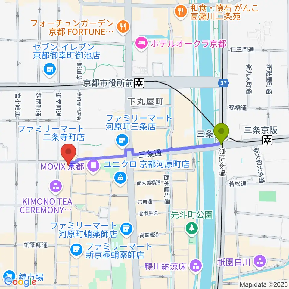 三条駅から京都三条ラジオカフェへのルートマップ地図