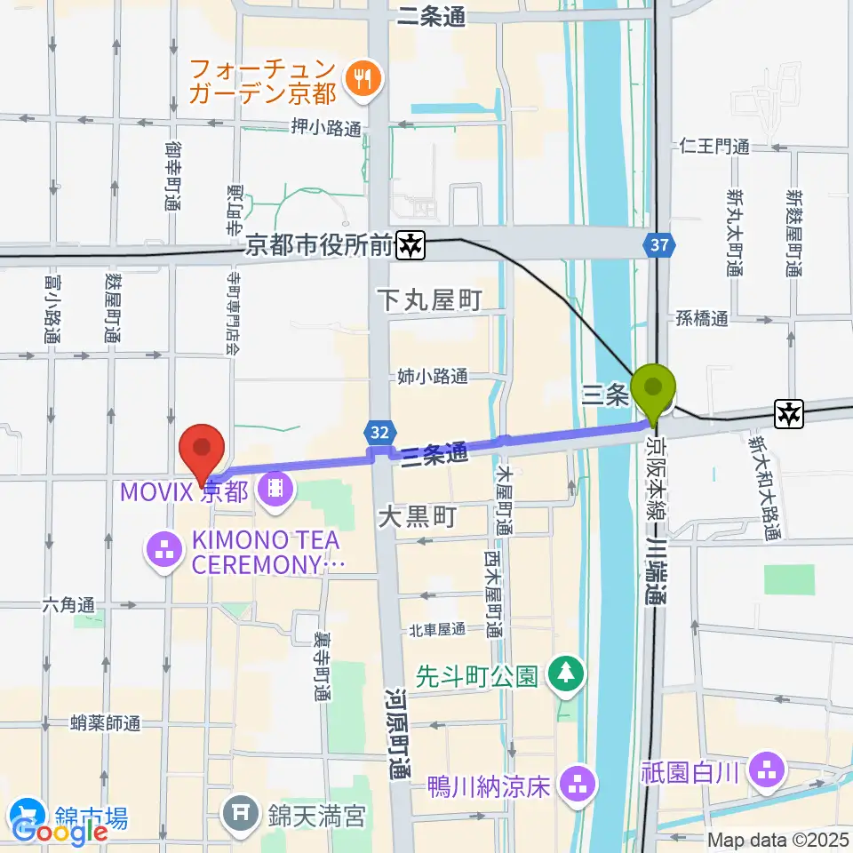 三条駅から京都三条ラジオカフェへのルートマップ地図