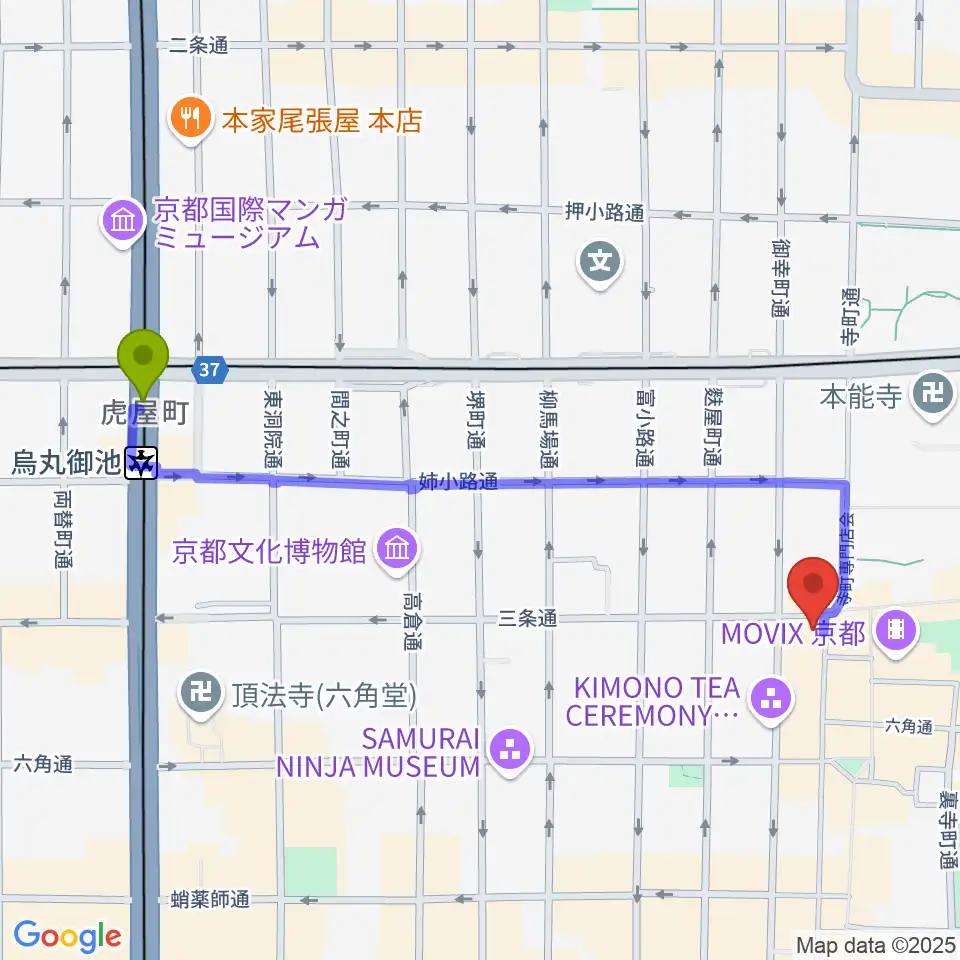 烏丸御池駅から京都三条ラジオカフェへのルートマップ地図