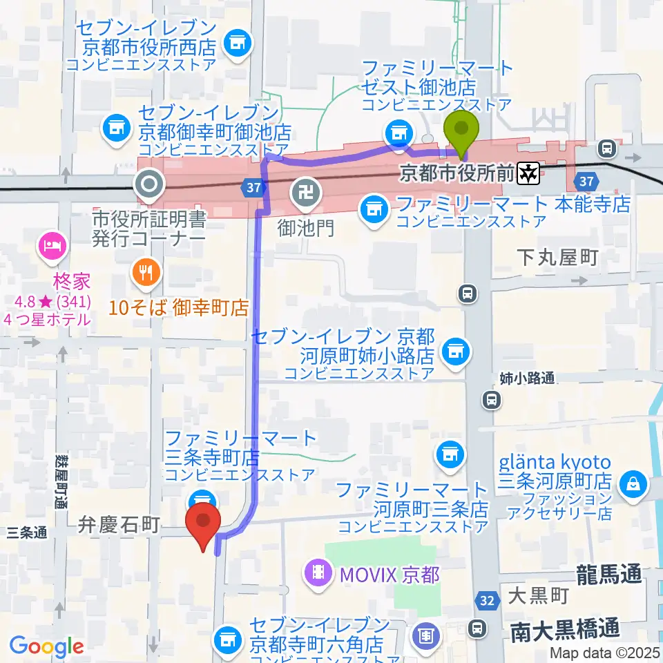 京都三条ラジオカフェの最寄駅京都市役所前駅からの徒歩ルート（約6分）地図