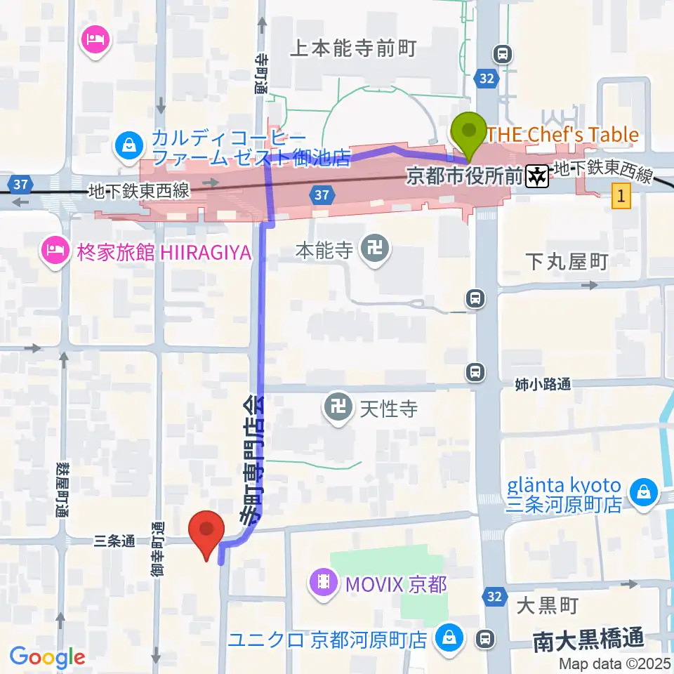 京都三条ラジオカフェの最寄駅京都市役所前駅からの徒歩ルート（約6分）地図