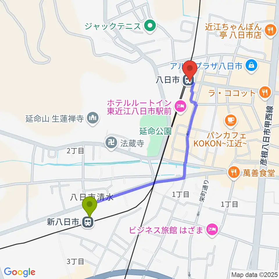新八日市駅からFMひがしおうみ ラジオスイートへのルートマップ地図