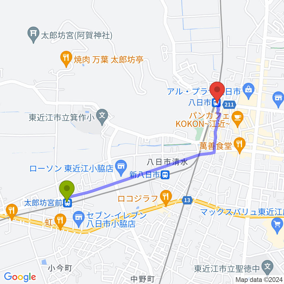 太郎坊宮前駅からFMひがしおうみ ラジオスイートへのルートマップ地図