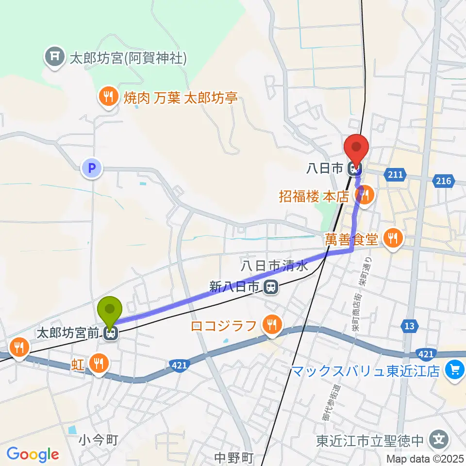 太郎坊宮前駅からFMひがしおうみ ラジオスイートへのルートマップ地図