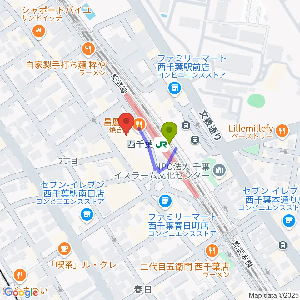 ZX WEST CHIBAの最寄駅西千葉駅からの徒歩ルート（約1分）地図