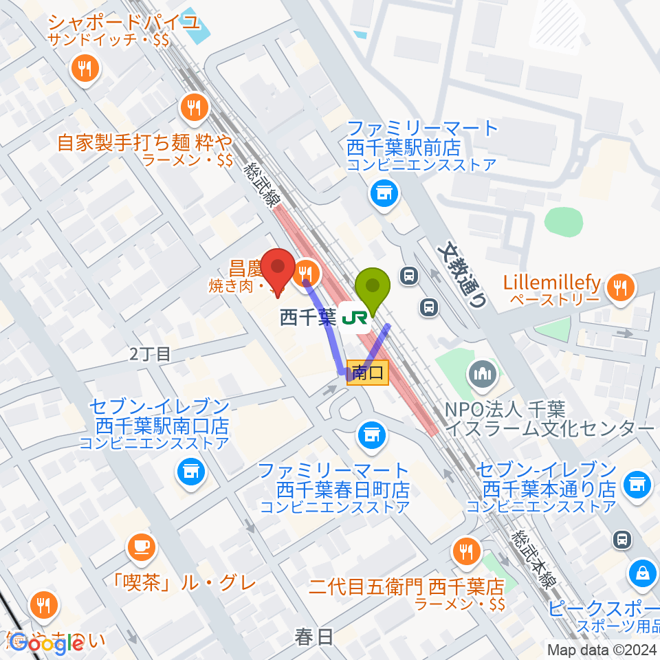 ZX WEST CHIBAの最寄駅西千葉駅からの徒歩ルート（約1分）地図