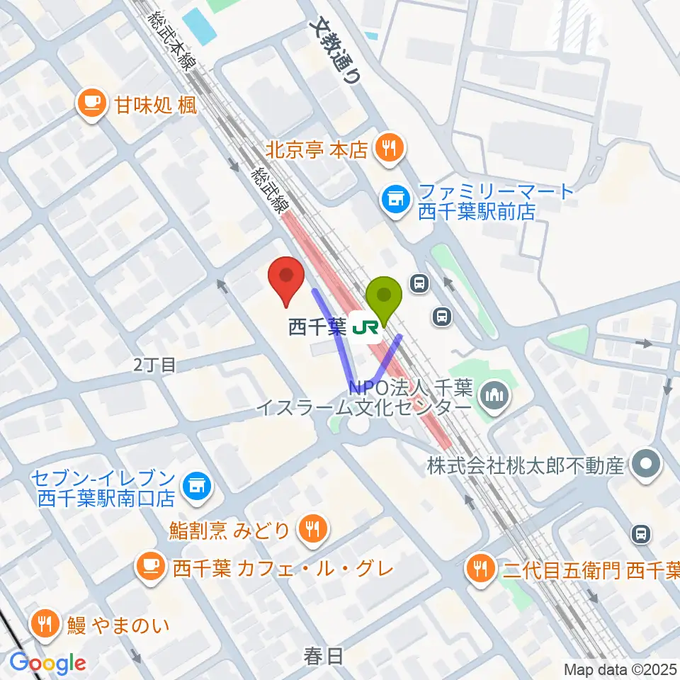 ZX WEST CHIBAの最寄駅西千葉駅からの徒歩ルート（約1分）地図