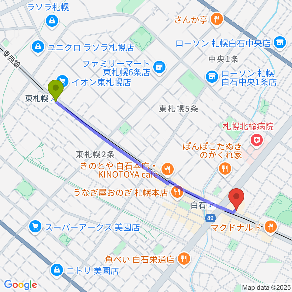 東札幌駅から札幌Mellowへのルートマップ地図