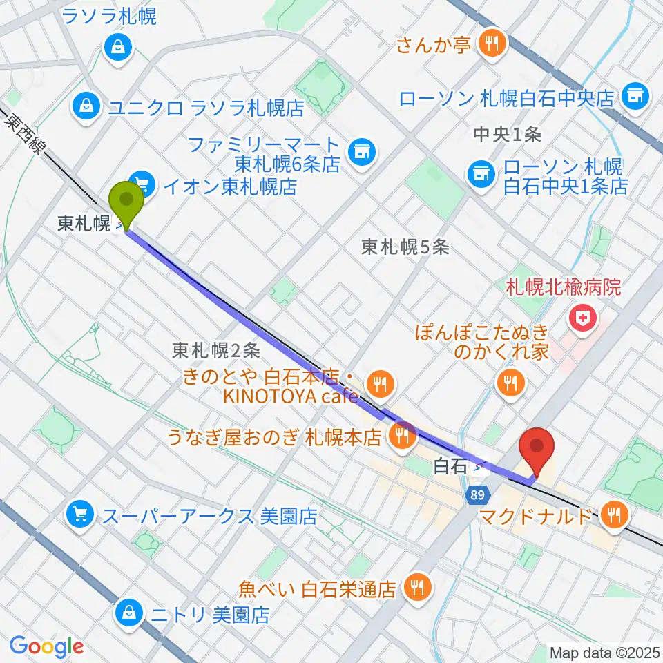 東札幌駅から札幌Mellowへのルートマップ地図