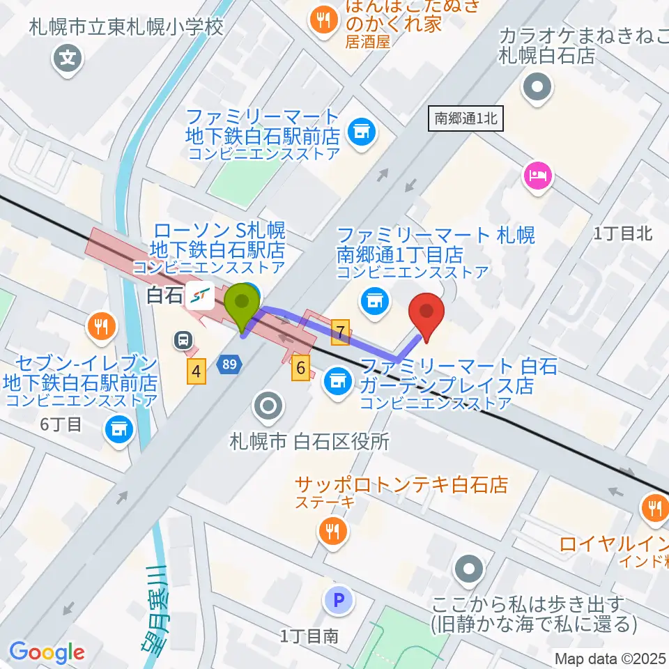 札幌Mellowの最寄駅白石駅からの徒歩ルート（約2分）地図