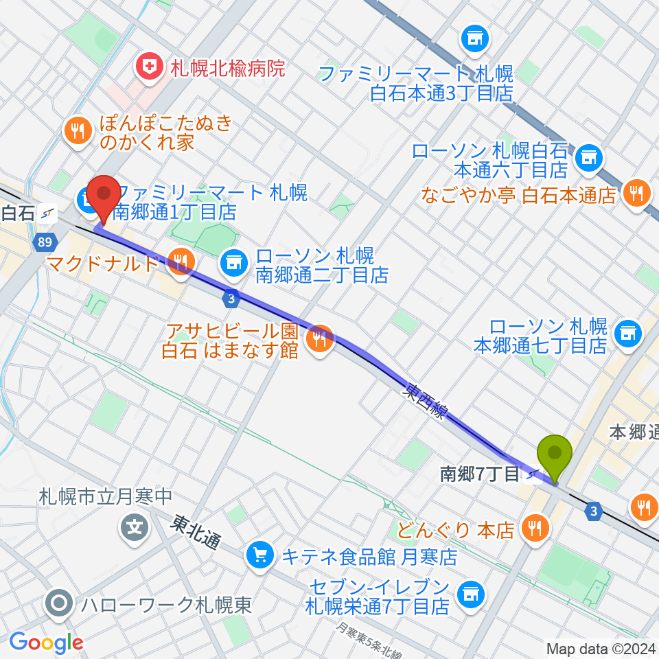 南郷７丁目駅から札幌Mellowへのルートマップ地図