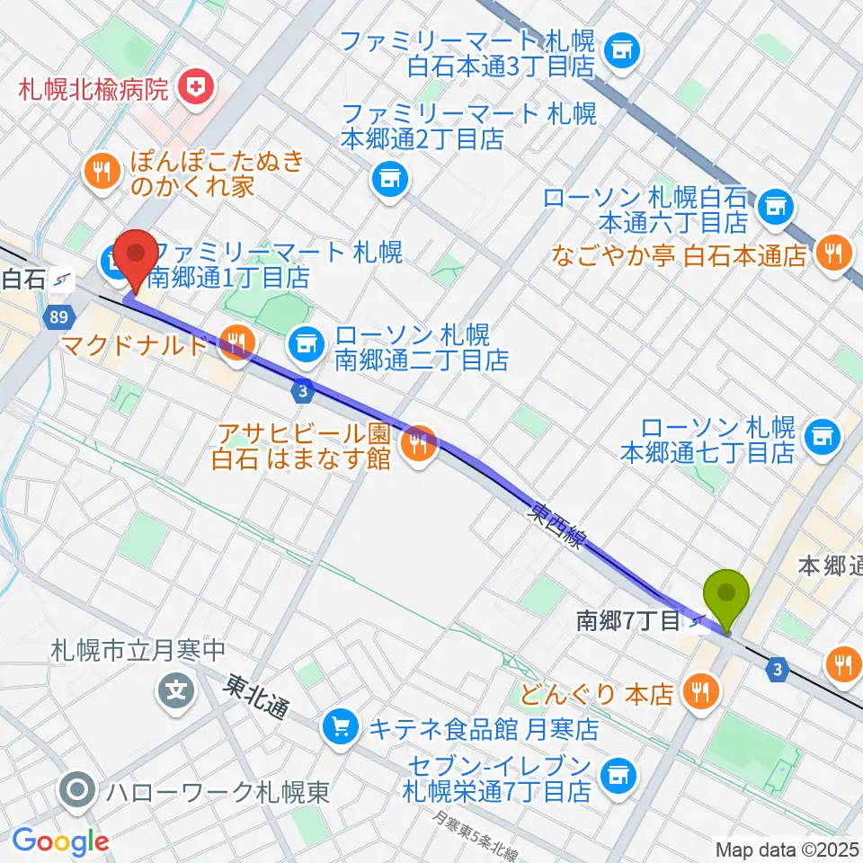 南郷７丁目駅から札幌Mellowへのルートマップ地図