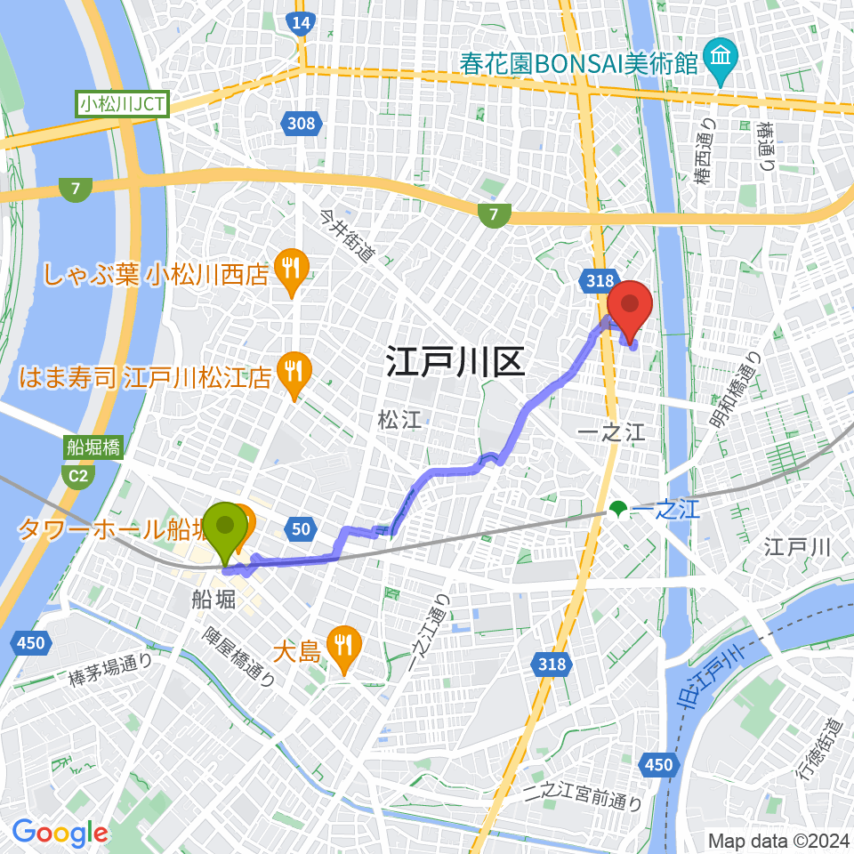 船堀駅からリベーレピアノ教室へのルートマップ地図