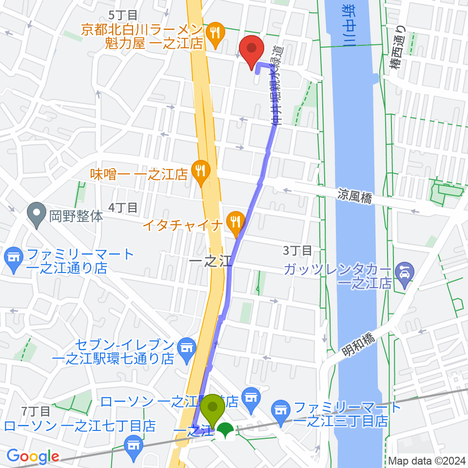 リベーレピアノ教室の最寄駅一之江駅からの徒歩ルート（約12分）地図