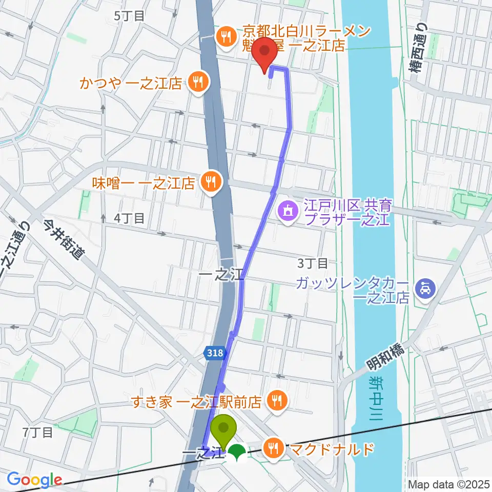 リベーレピアノ教室の最寄駅一之江駅からの徒歩ルート（約12分）地図