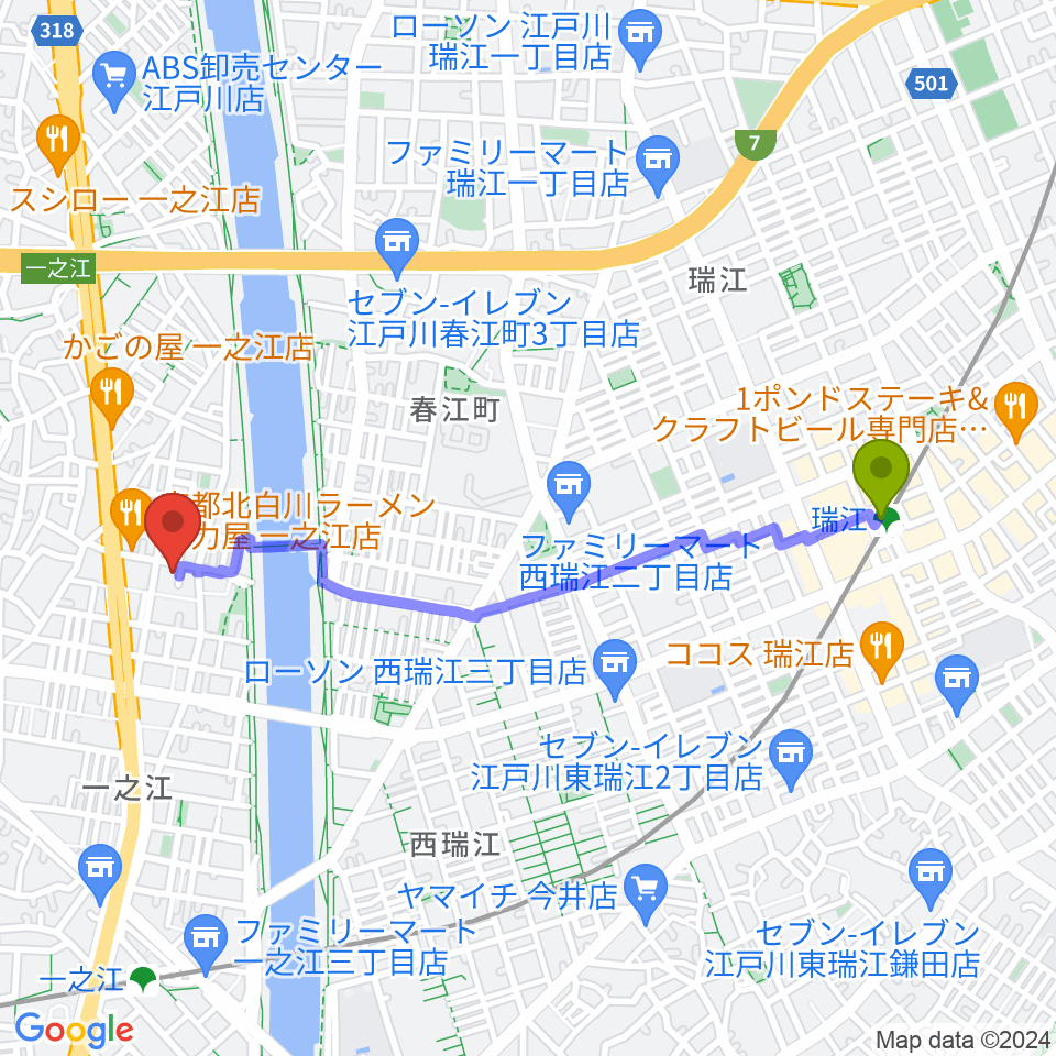 瑞江駅からリベーレピアノ教室へのルートマップ地図
