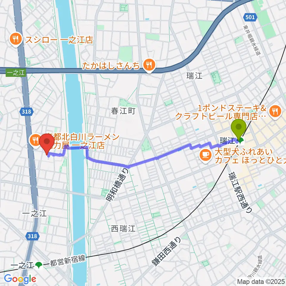 瑞江駅からリベーレピアノ教室へのルートマップ地図