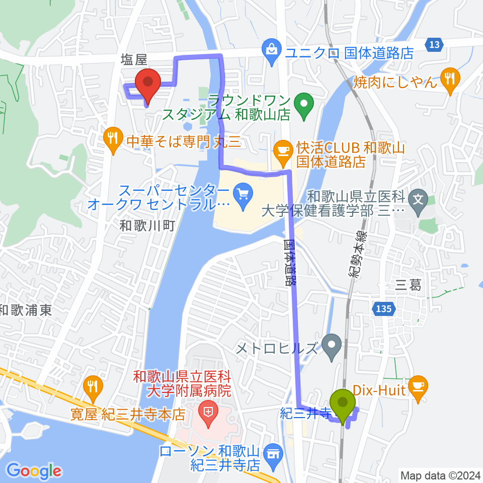バナナエフエムの最寄駅紀三井寺駅からの徒歩ルート（約24分）地図