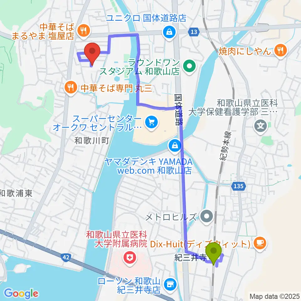 バナナエフエムの最寄駅紀三井寺駅からの徒歩ルート（約24分）地図