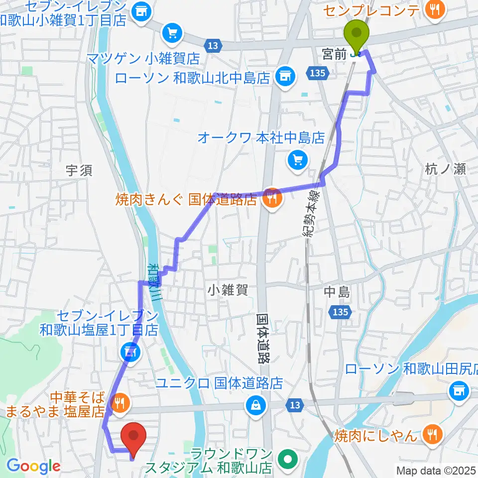 宮前駅からバナナエフエムへのルートマップ地図