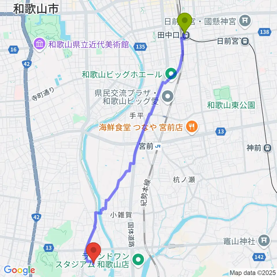 田中口駅からバナナエフエムへのルートマップ地図
