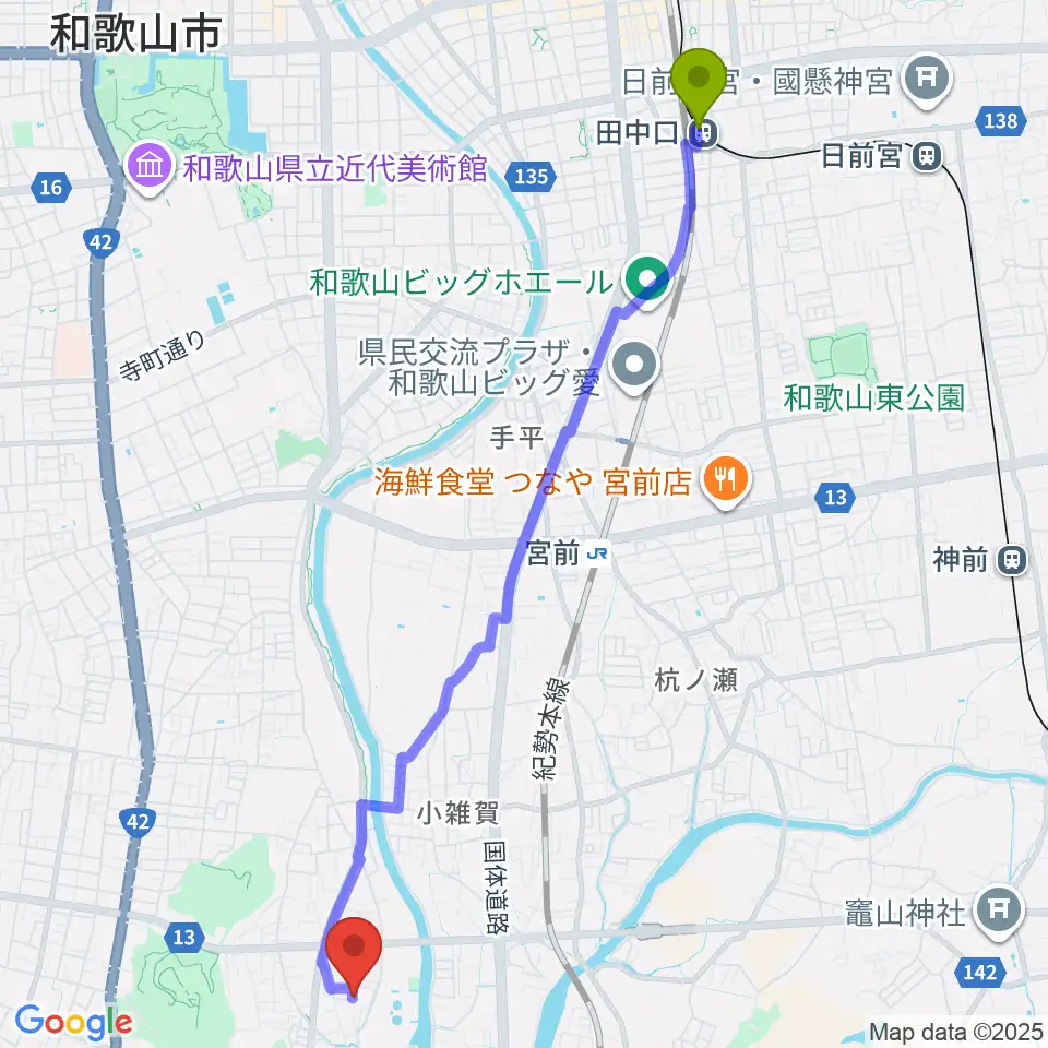 田中口駅からバナナエフエムへのルートマップ地図