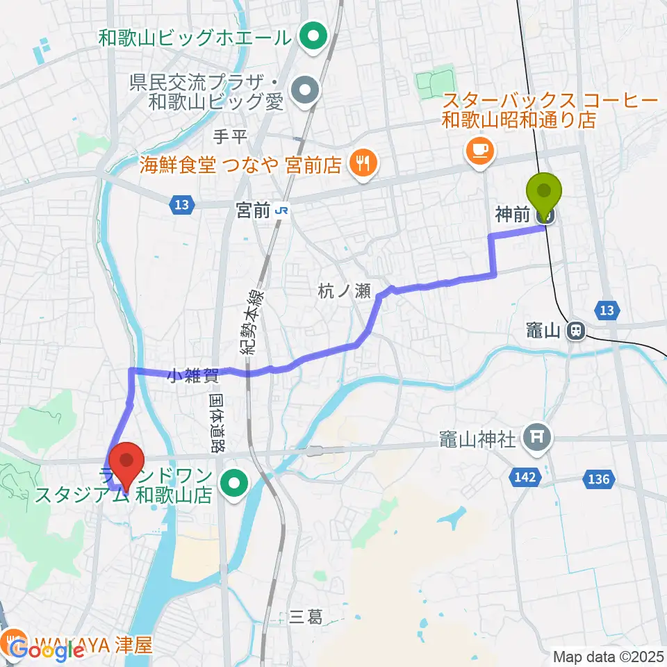神前駅からバナナエフエムへのルートマップ地図