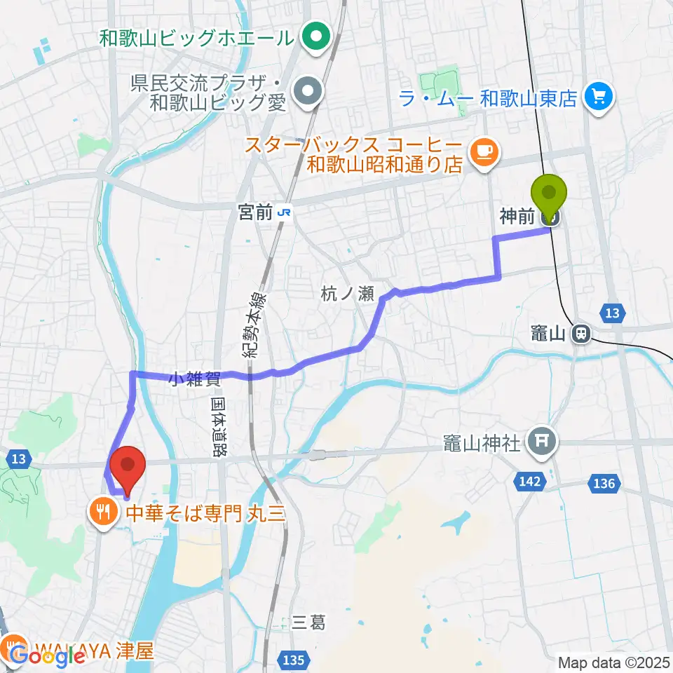 神前駅からバナナエフエムへのルートマップ地図