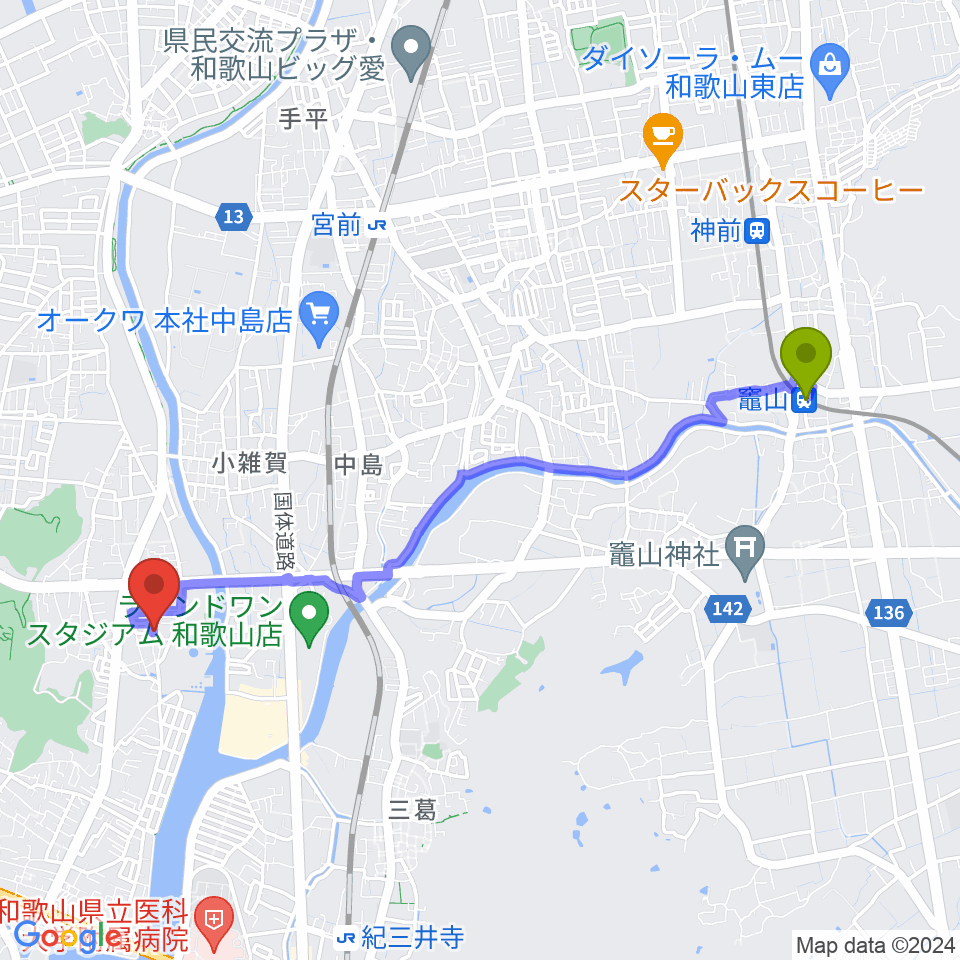 竈山駅からバナナエフエムへのルートマップ地図