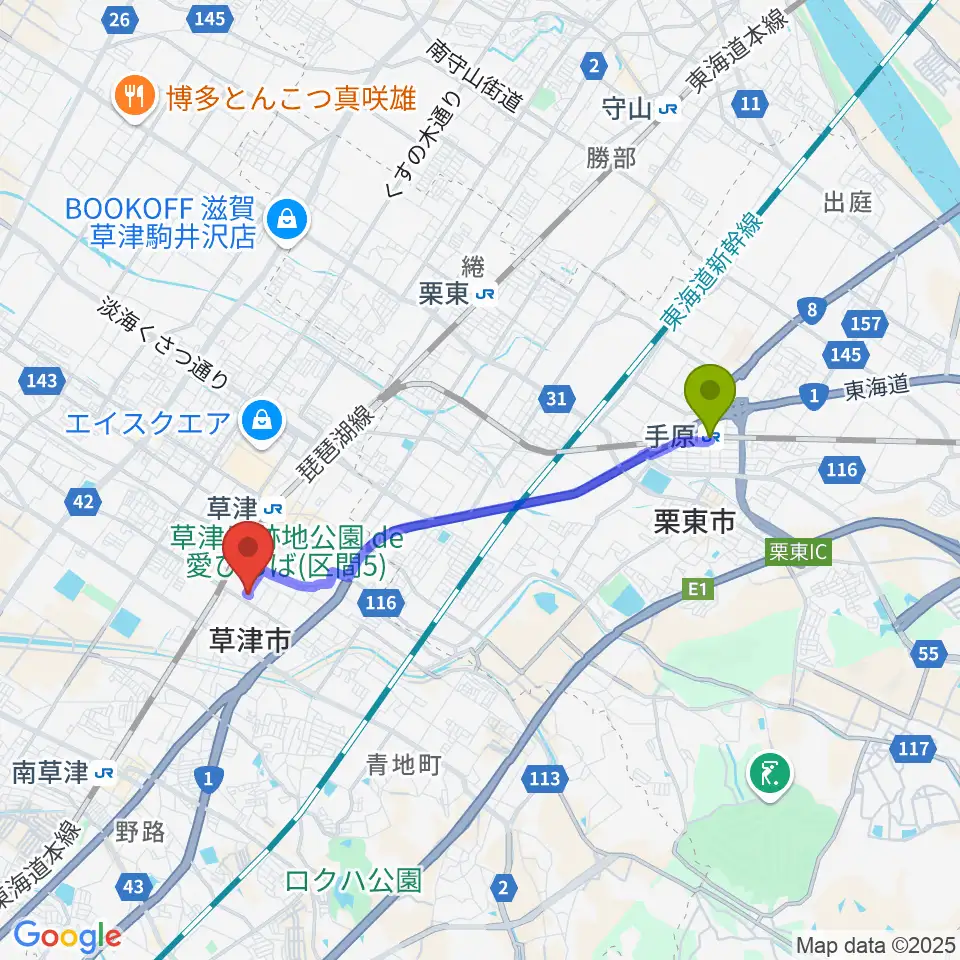 手原駅からえふえむ草津へのルートマップ地図