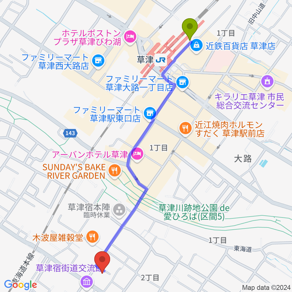 えふえむ草津の最寄駅草津駅からの徒歩ルート（約13分）地図