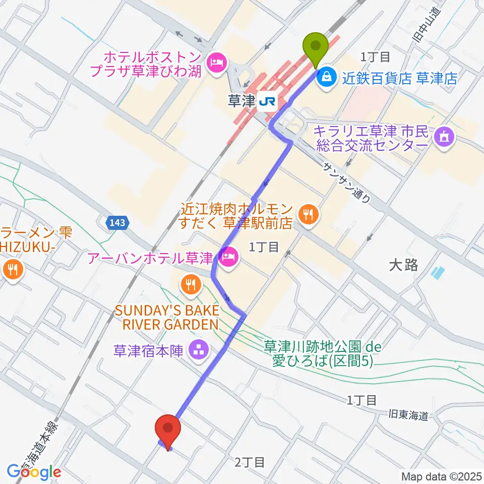 えふえむ草津の最寄駅草津駅からの徒歩ルート（約13分）地図