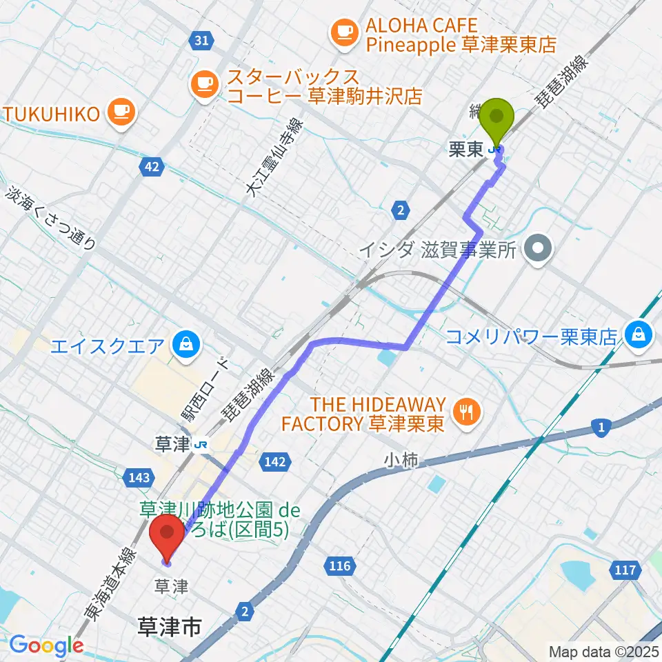 栗東駅からえふえむ草津へのルートマップ地図