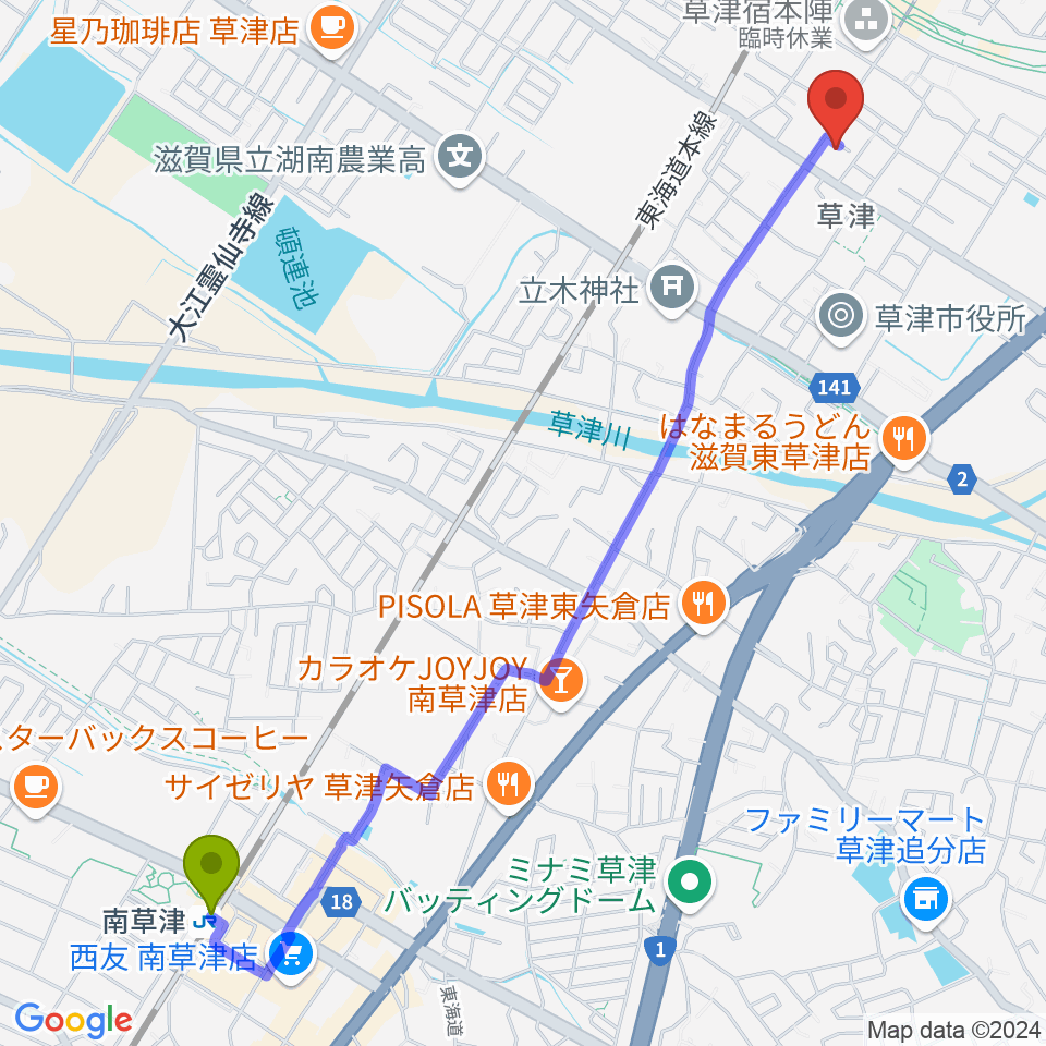 南草津駅からえふえむ草津へのルートマップ地図